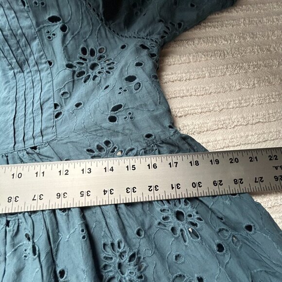 dRA Los Angeles Yara Dress Women's Medium Teal Eyelet Cotton 3/4 Sleeve Pleated - Picture 8 of 10